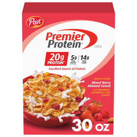Premier Protein Mixed Berry Almond cereal bowl with milk delivers protein-rich mornings.