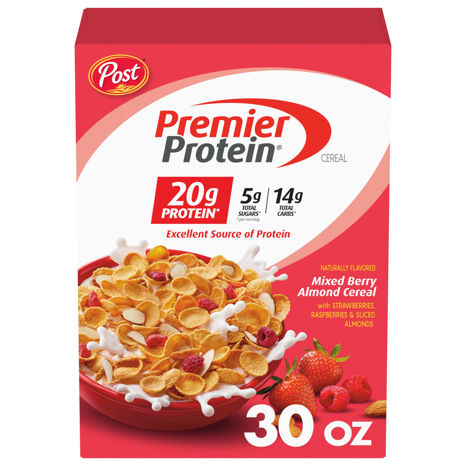 Premier Protein Mixed Berry Almond cereal bowl with milk delivers protein-rich mornings.