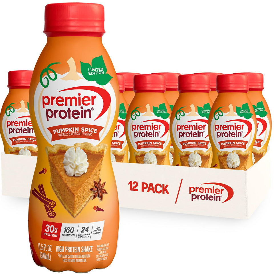 Premier Protein Pumpkin Spice bottle for on-the-go protein.