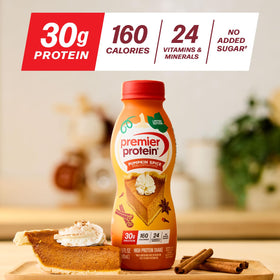 Premier Protein Pumpkin Spice label highlights 30g protein per serving.