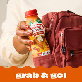 Premier Protein Pumpkin Spice pack highlights convenient 12-pack.