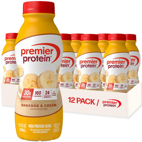 Premier Protein Shake Bananas and Cream bottle on shelf, high protein snack