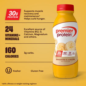 Premier Protein Shake Bananas and Cream pour showing creamy texture for quick fueling