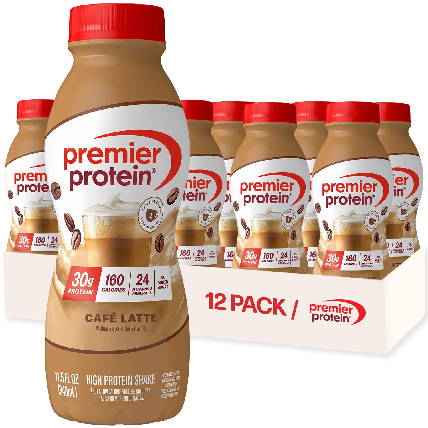 Premier Protein Café Latte shake bottle for quick on-the-go protein boost.