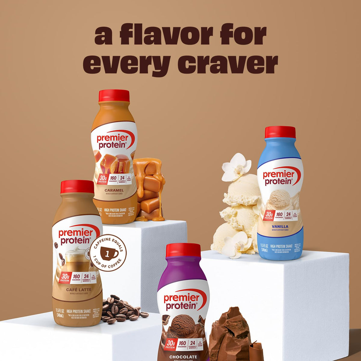 Glass with Premier Protein Café Latte shake and straw for ready-to-enjoy refreshment.