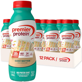 Premier Protein Cake Batter Shake bottle highlights 30g protein for on-the-go fueling.