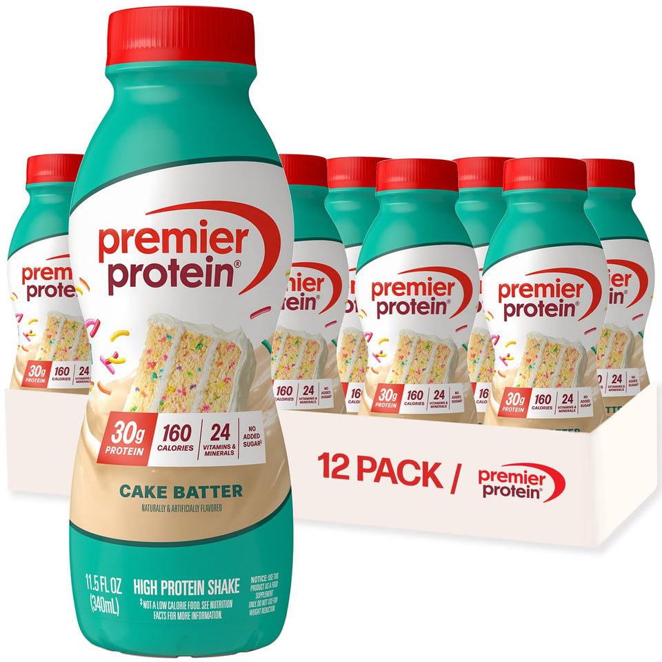 Premier Protein Cake Batter Shake bottle highlights 30g protein for on-the-go fueling.