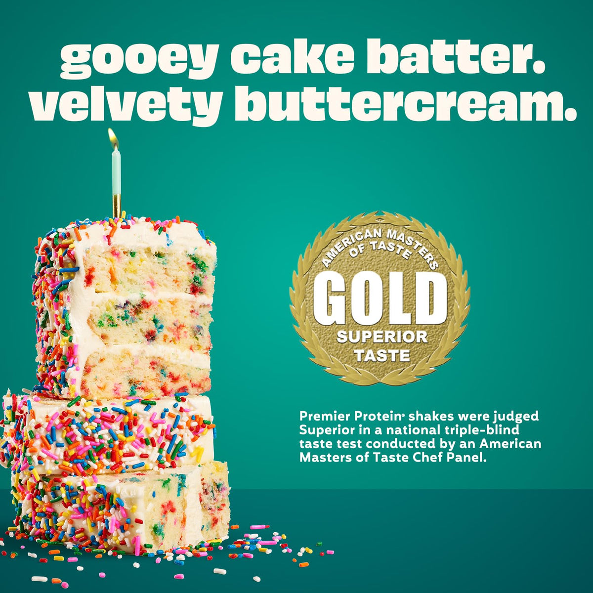 Premier Protein Cake Batter Shake label closeup shows 24 vitamins and minerals.