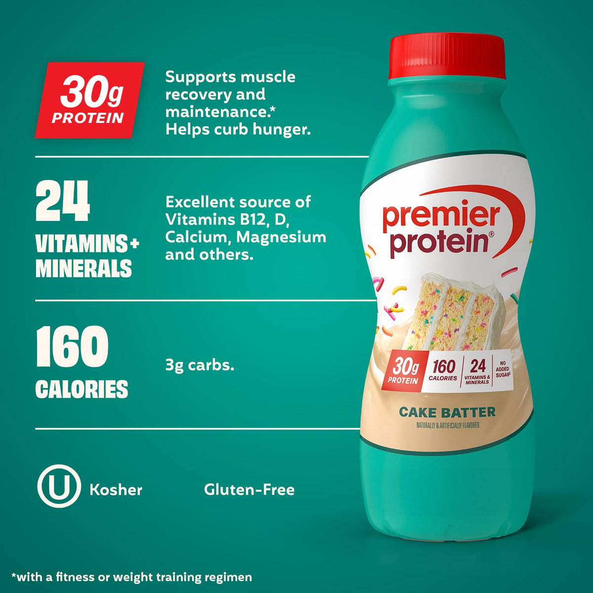 Premier Protein Cake Batter Shake pour into glass for convenient post-workout nutrition.