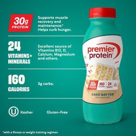 Premier Protein Cake Batter Shake pour into glass for convenient post-workout nutrition.