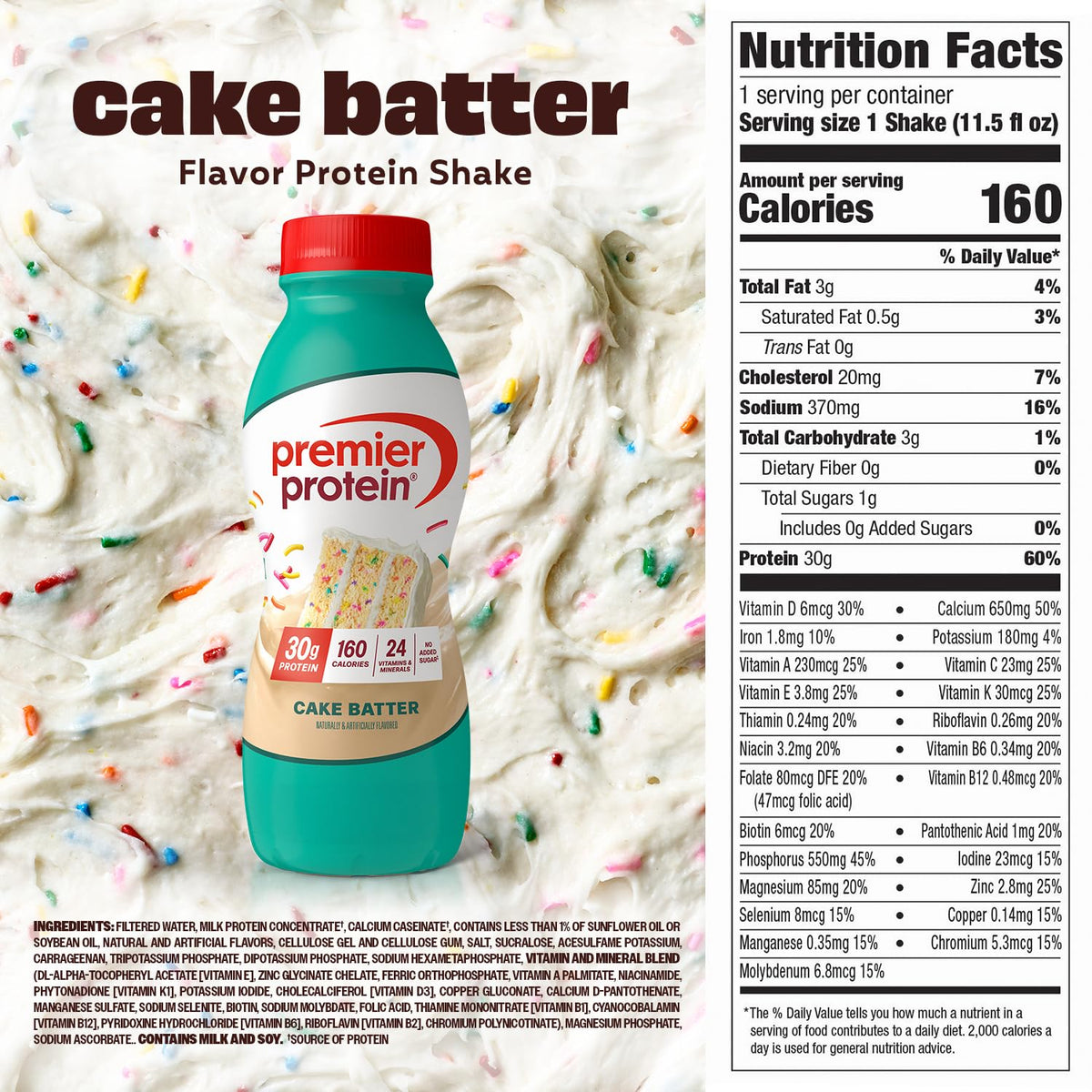 Premier Protein Cake Batter Shake served in glass with fruit for quick breakfast.