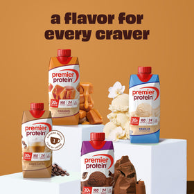 Premier Protein Shake caramel 12-pack display for everyday fueling.