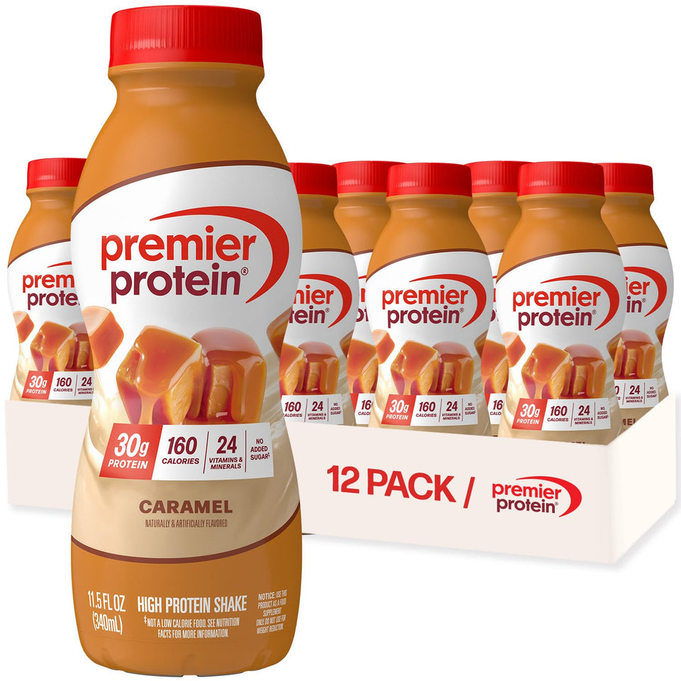 Premier Protein Shake Caramel bottle front view for a protein boost on busy mornings