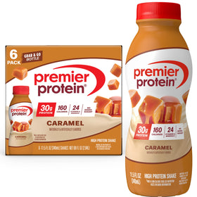 Premier Protein Shake Caramel bottle for on-the-go protein at breakfast.