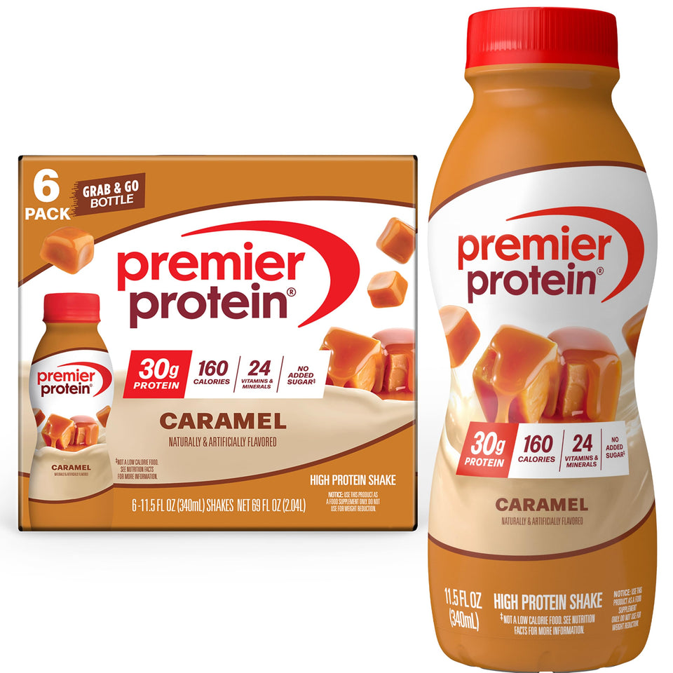 Premier Protein Shake Caramel bottle for on-the-go protein at breakfast.