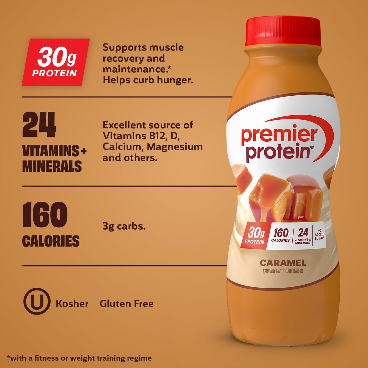 Premier Protein Shake caramel pouring into a glass, a convenient post-workout snack