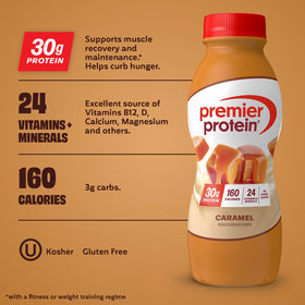 Premier Protein Shake Caramel pour shows smooth texture ideal for post-workout fueling.
