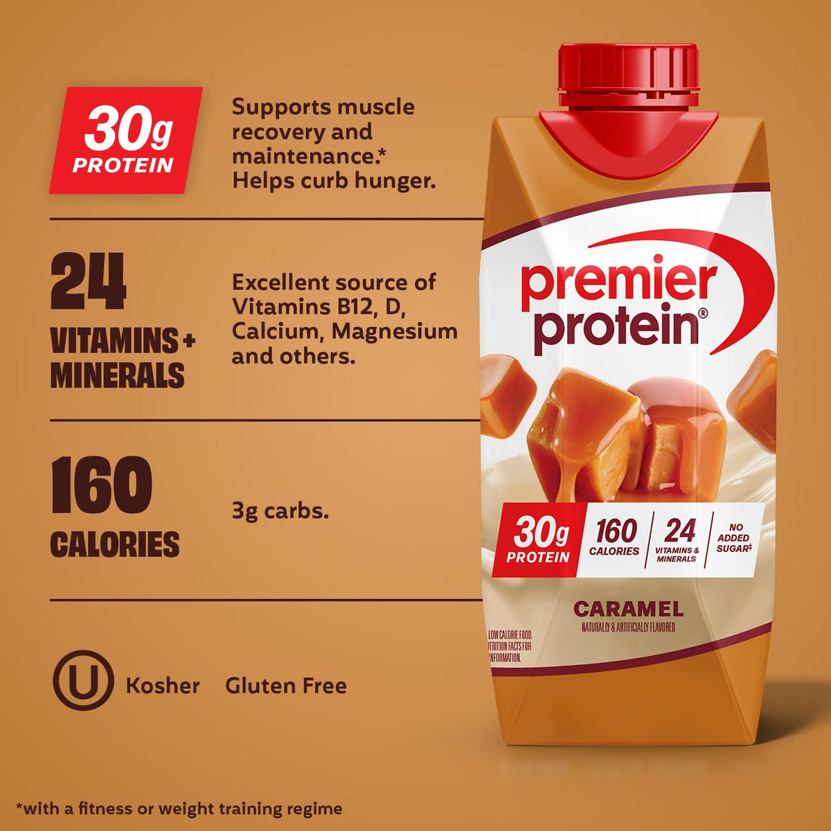 Premier Protein Shake caramel pour ideal for quick post-workout refuel.