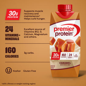 Premier Protein Shake caramel pour ideal for quick post-workout refuel.