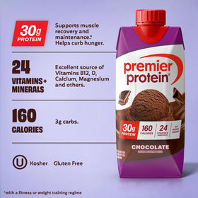 Premier Protein Shake chocolate glass pour highlights 1g sugar per serving