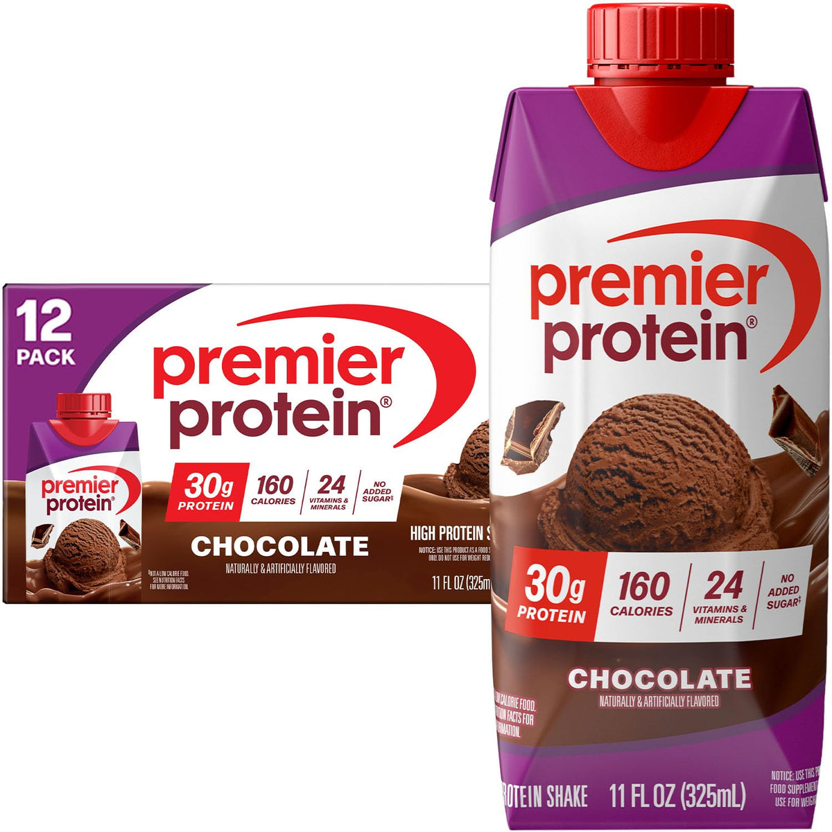 Premier Protein Shake chocolate bottle displaying 30g protein for post-workout recovery