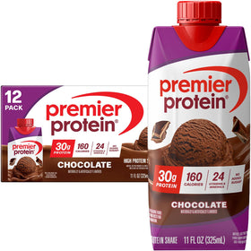 Premier Protein Shake chocolate bottle displaying 30g protein for post-workout recovery