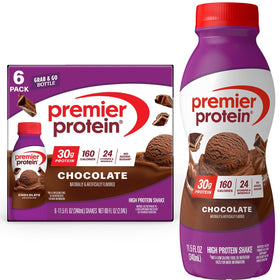 Premier Protein Shake Chocolate bottle closeup highlighting rich flavor and high protein support.
