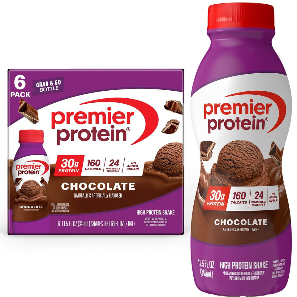 Premier Protein Shake Chocolate bottle closeup highlighting rich flavor and high protein support.
