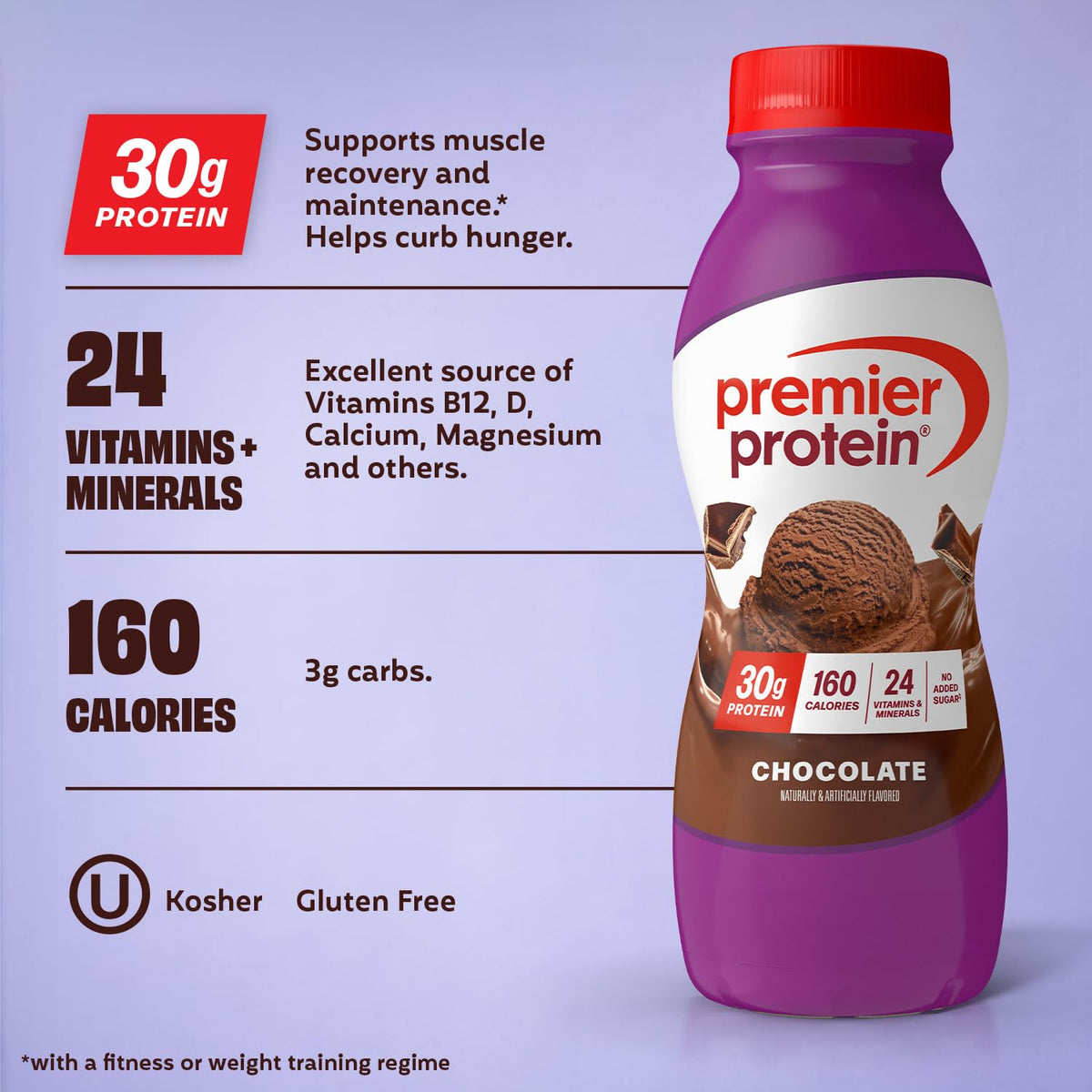 Premier Protein Shake Chocolate bottle pour into glass showing creamy texture and convenience.