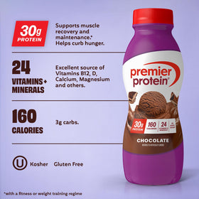 Premier Protein Shake Chocolate bottle pour into glass showing creamy texture and convenience.