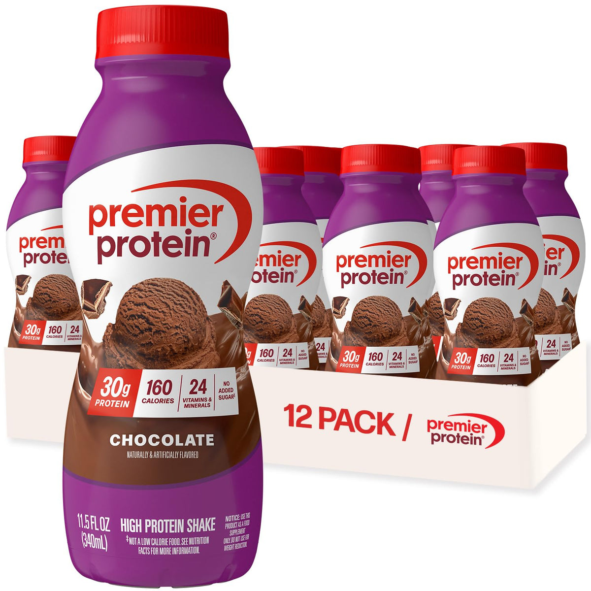 Premier Protein Shake Chocolate bottle, a high-protein on-the-go option.