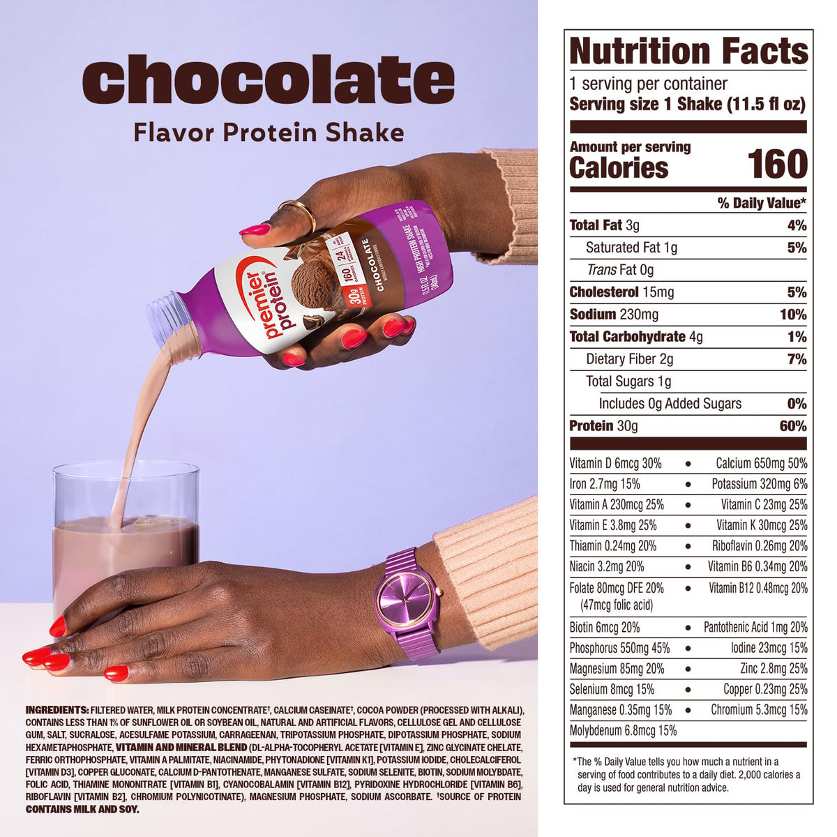Premier Protein Shake Chocolate blended with fruit creates a wholesome smoothie option.