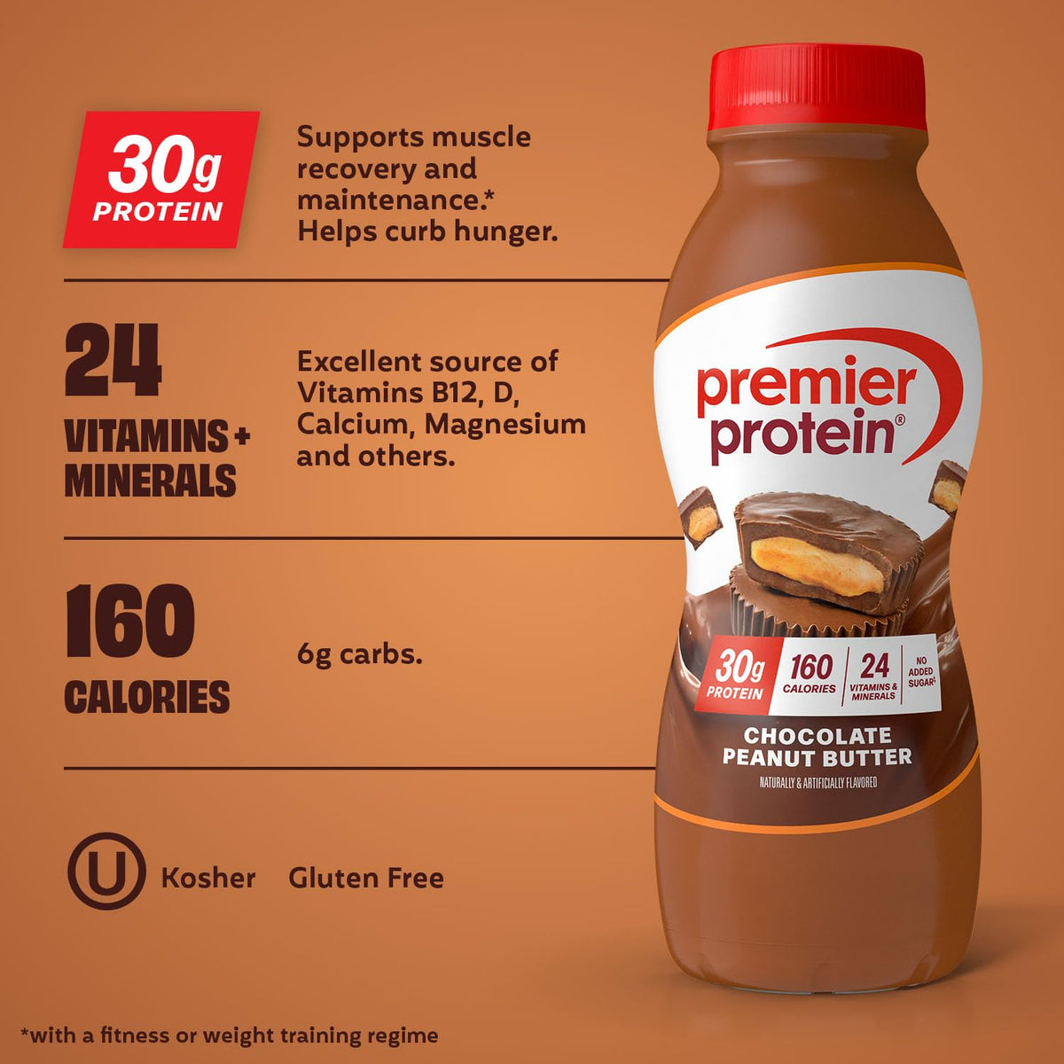 Premier Protein Shake Chocolate Peanut Butter glass pour, post-workout refreshment.