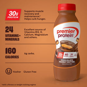 Premier Protein Shake Chocolate Peanut Butter glass pour, post-workout refreshment.