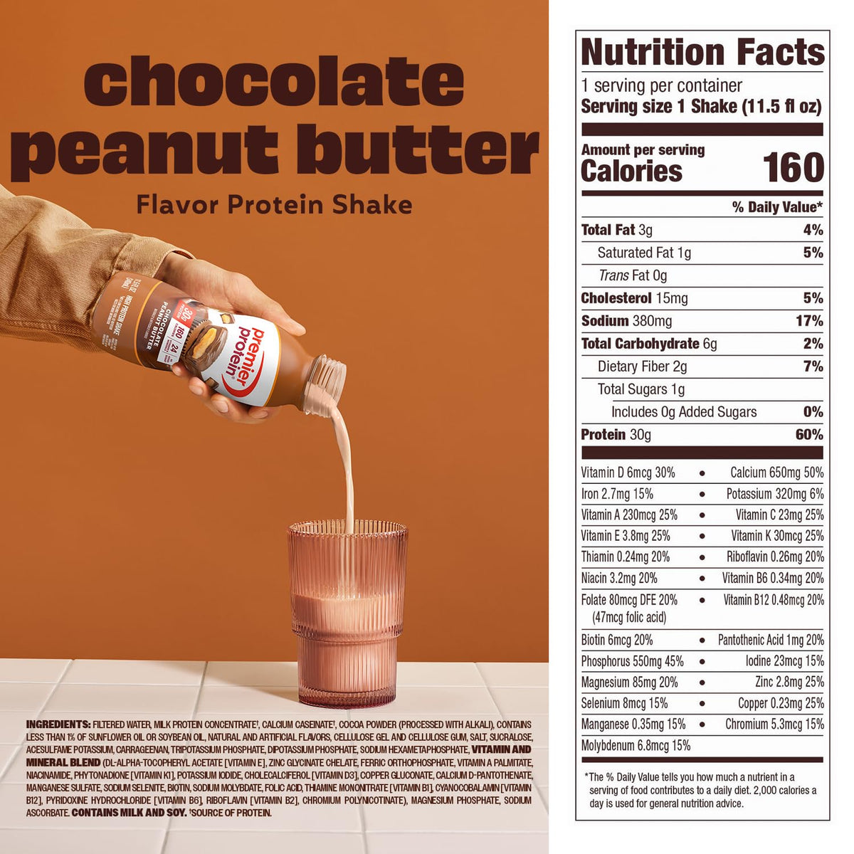 Premier Protein Shake Chocolate Peanut Butter ready-to-drink bottle for busy mornings.