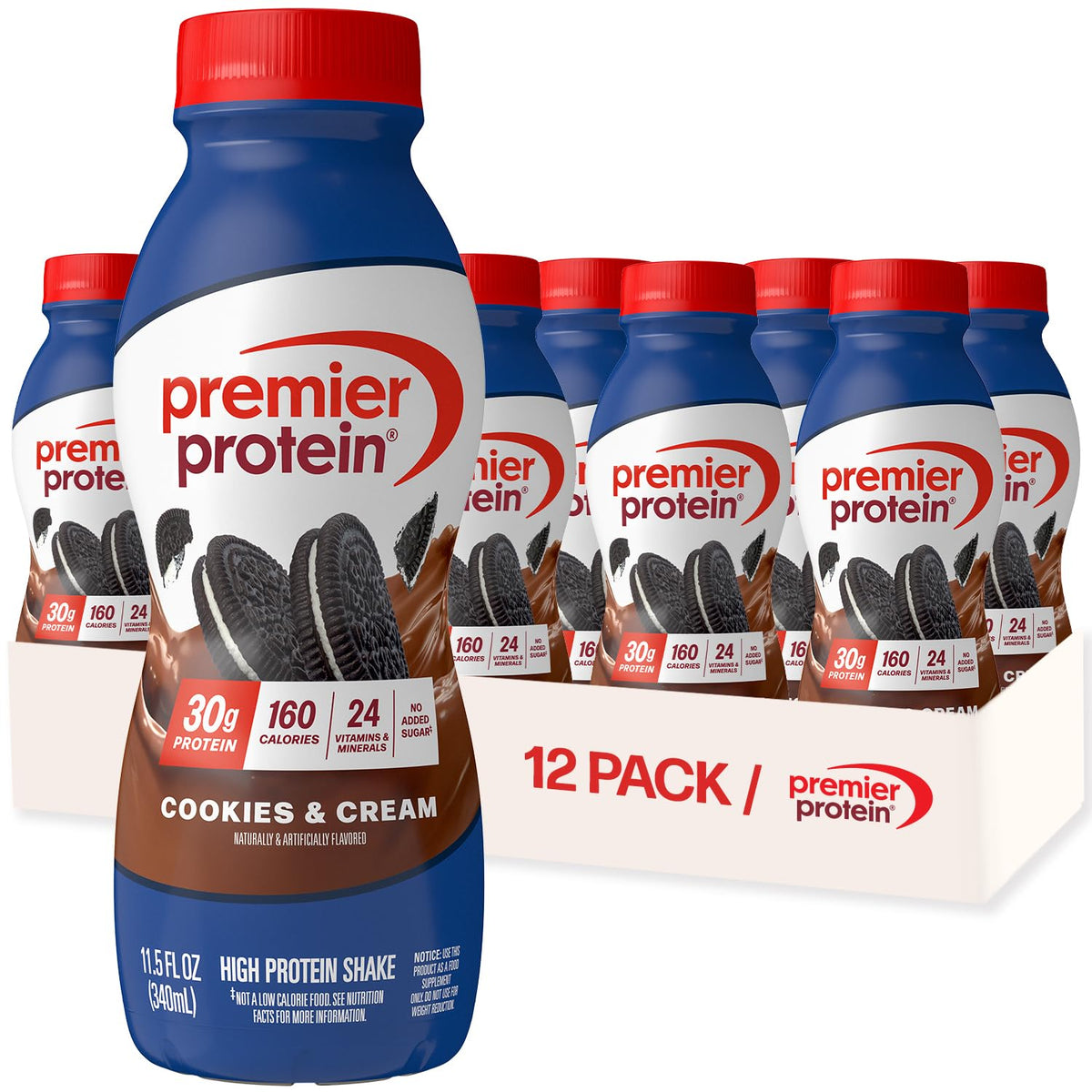 Premier Protein Cookies & Cream bottle ready for on-the-go fueling