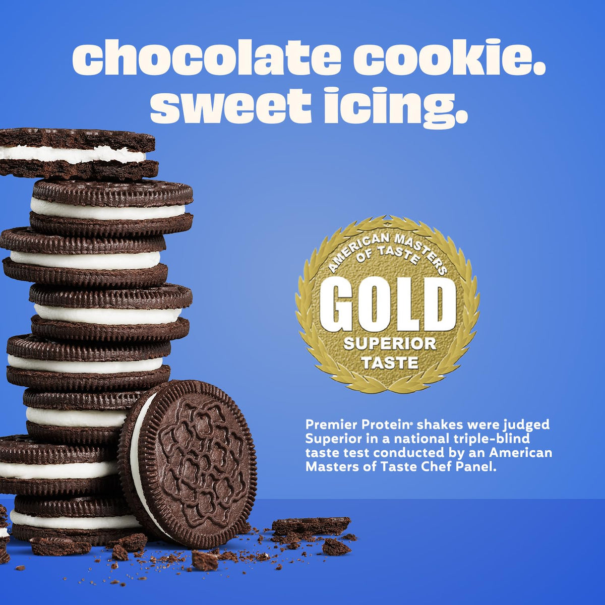 Glass of Premier Protein Cookies & Cream showcases creamy texture and flavor