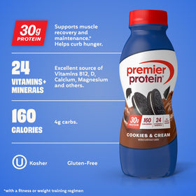 Pouring Premier Protein Cookies & Cream shows convenient ready-to-drink nutrition