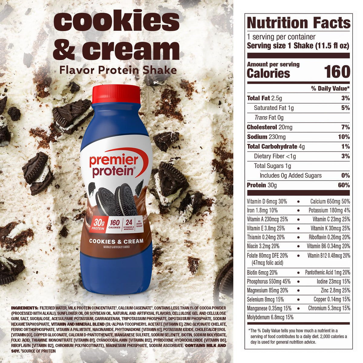 Spoon shot of Premier Protein Cookies & Cream for easy mixing