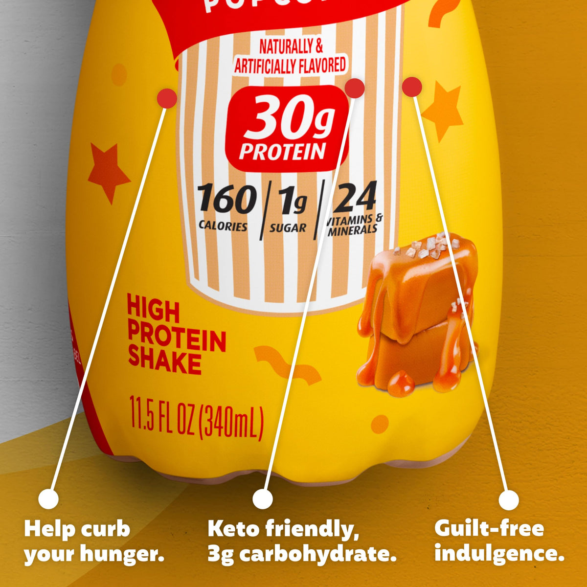 Premier Protein Salted Caramel Popcorn flavor close-up emphasizes low sugar and low carb.