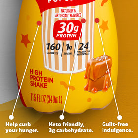 Premier Protein Salted Caramel Popcorn flavor close-up emphasizes low sugar and low carb.