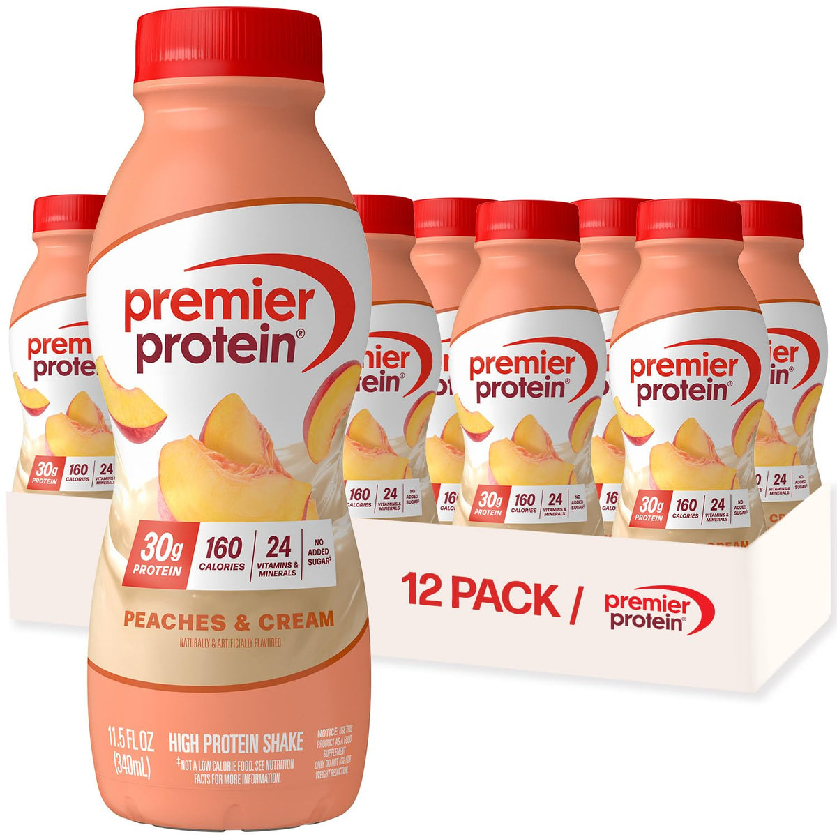 Premier Protein Peaches & Cream bottle ready for a quick morning boost.