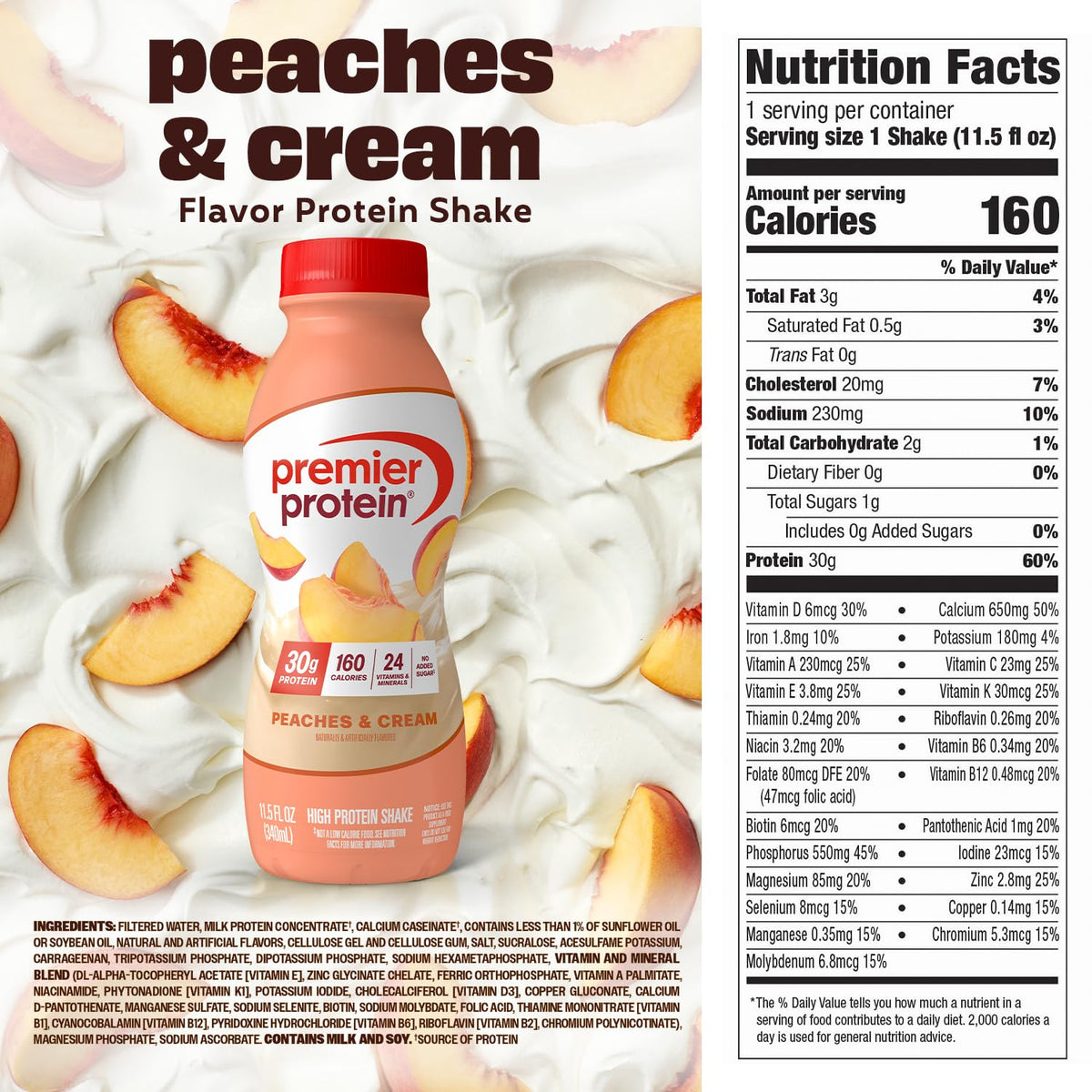 Nutrition facts panel on Premier Protein Peaches and Cream bottle.