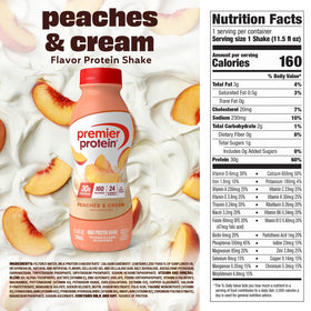 Nutrition facts panel on Premier Protein Peaches and Cream bottle.