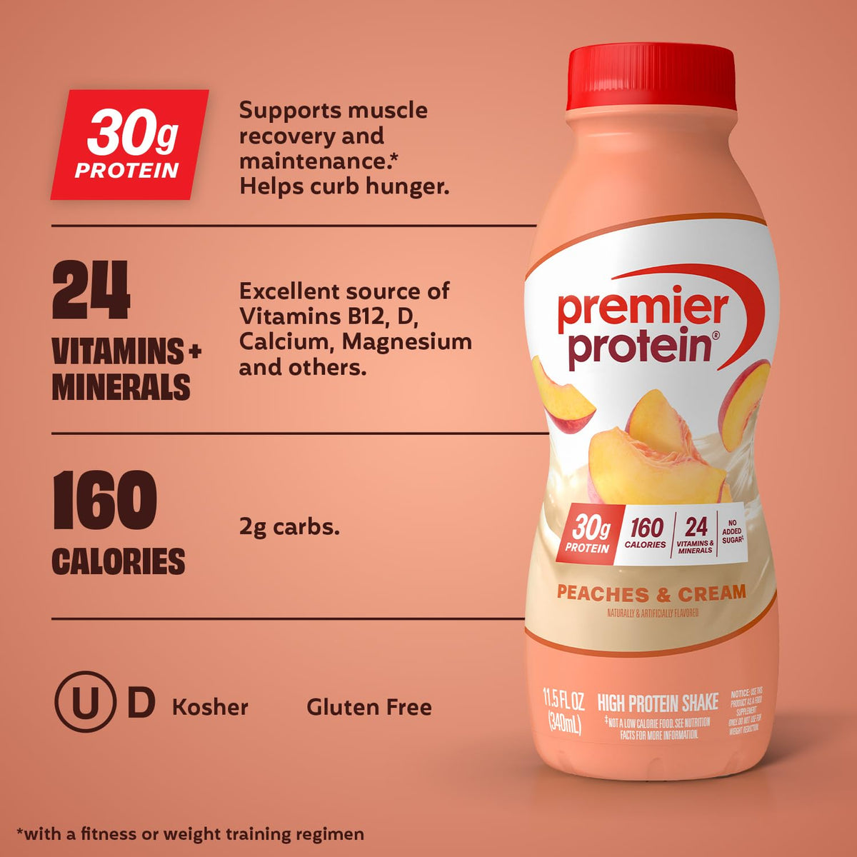 Pouring Premier Protein Peaches and Cream into a glass after a workout.