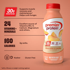 Pouring Premier Protein Peaches and Cream into a glass after a workout.