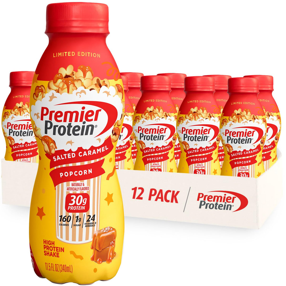 Premier Protein Salted Caramel Popcorn shake bottle highlights 30g protein for post-workout recovery.