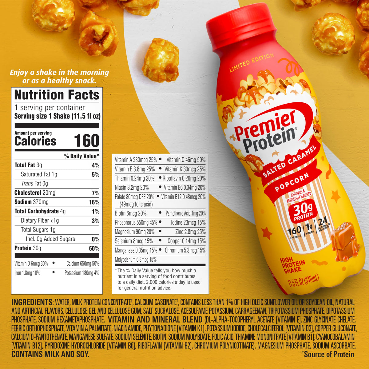 Premier Protein shake on the go in a lunchbox setup for convenient meals.