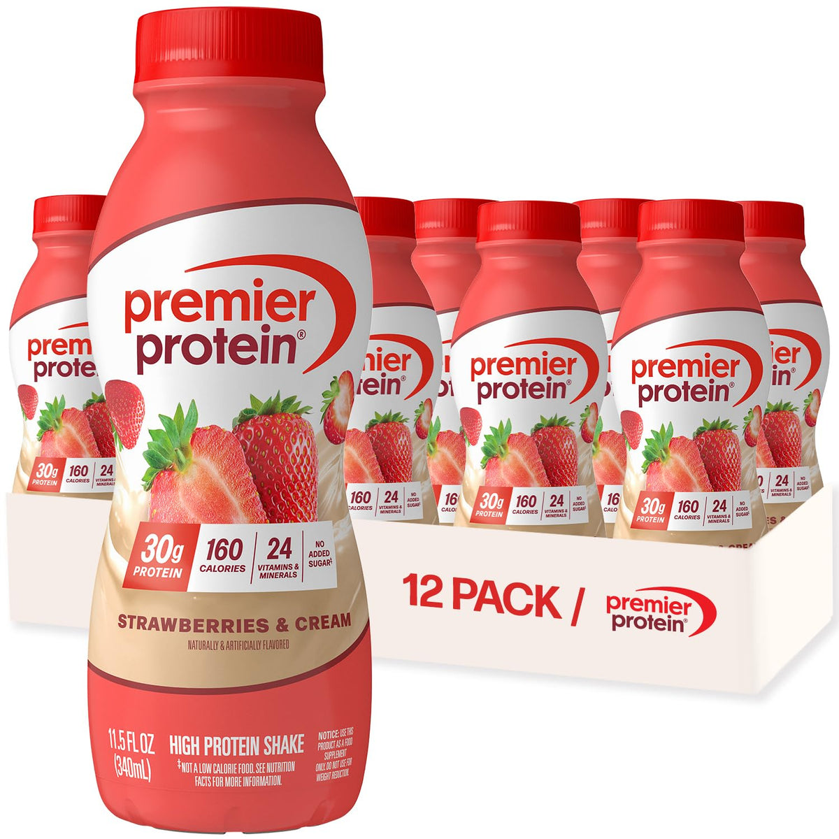 Premier Protein Shake Strawberries & Cream bottle showing 30g protein per serving.