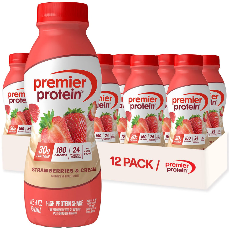 Premier Protein Shake Strawberries & Cream bottle showing 30g protein per serving.